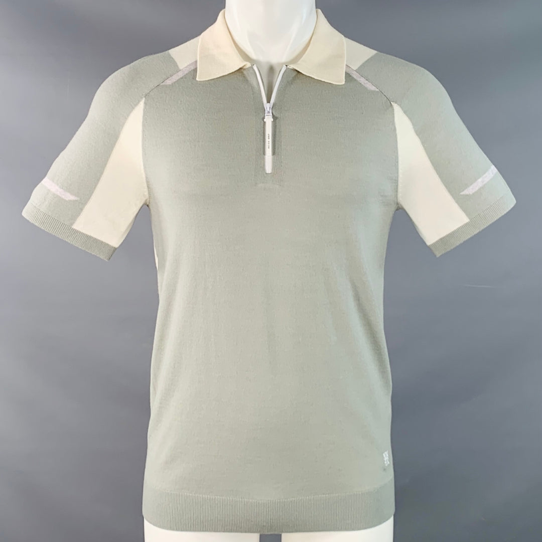 REISS Size S Beckett Cream Sage Color Block Wool Blend Jersey Zip Up Polo