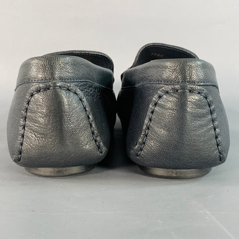 ROBERTO CAVALLI Size 11.5 Navy Silver Logo Embroidery Leather Drivers Loafers