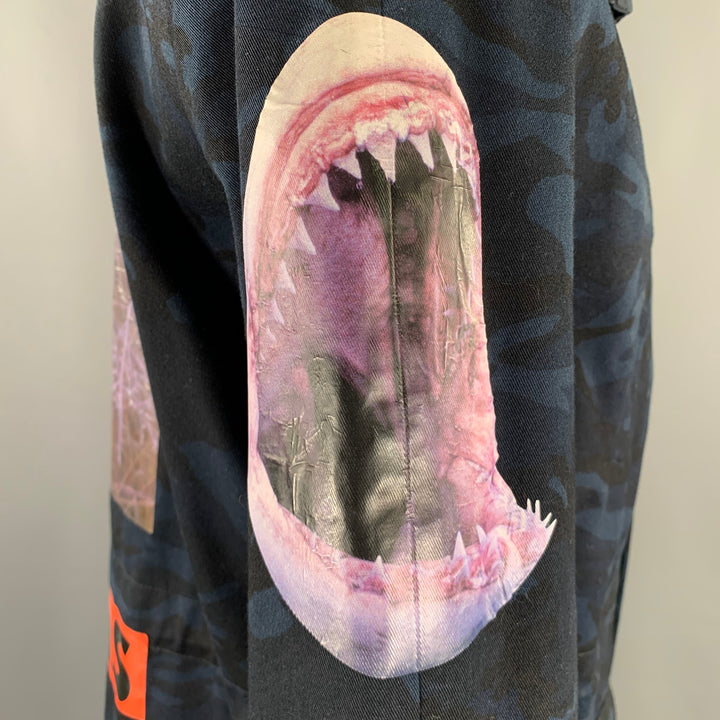 RAF SIMONS Size 42 Navy Black Camo Cotton Hooded Coat