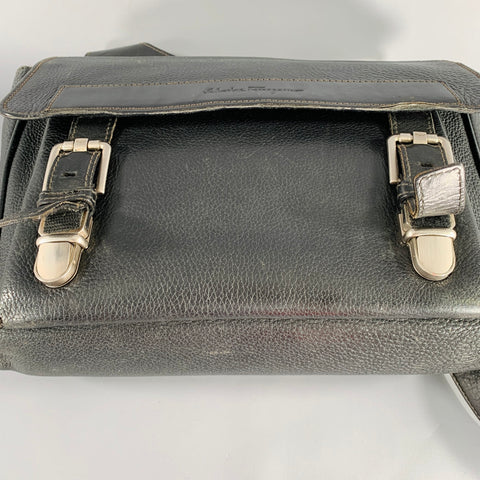 SALVATORE FERRAGAMO Black Pebble Grain Leather Double Buckle Messenger Bag