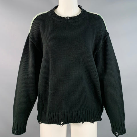 NSF Size XS Black Green White Cotton Blend Distressed Mesh Back Crew Neck Sweater
