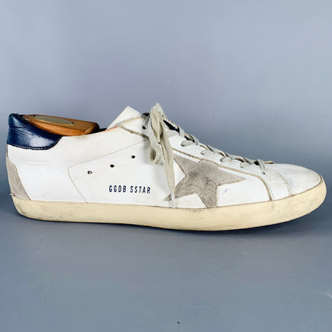 GOLDEN GOOSE SUPERSTAR Size 11 White Grey Navy Color Block Leather Distressed Sneakers