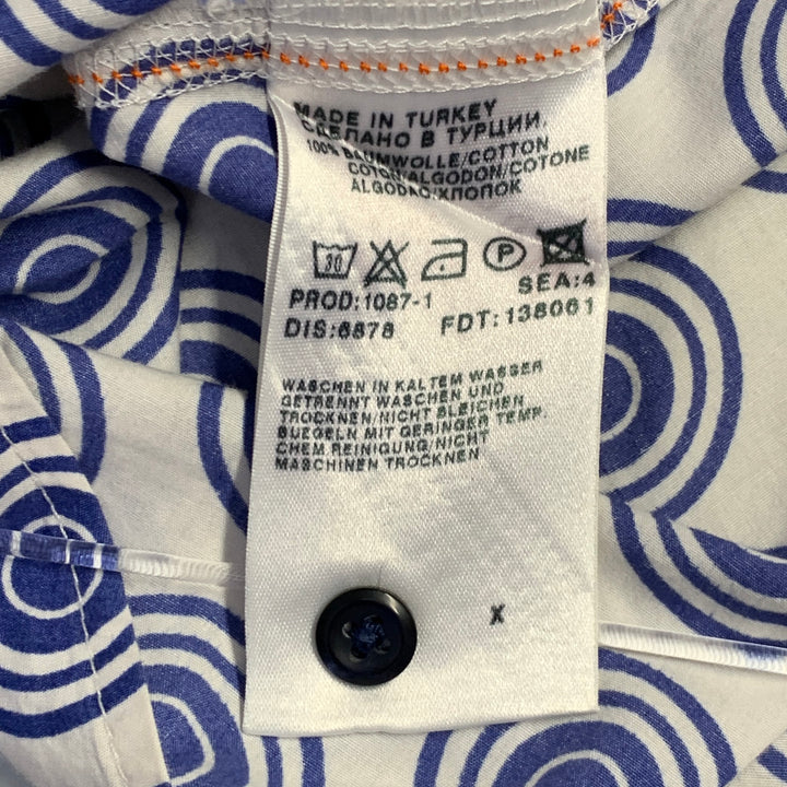 HUGO BOSS Size XL Blue White Circles Cotton Pointed Collar Short Sleeve Shirt