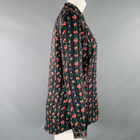 SEZANE Size 4 Black Multi Color Silk Floral Long Sleeve Blouse