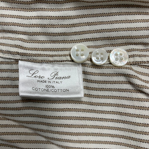 LORO PIANA Size L Tan White Stripe Cotton Button Down Long Sleeve Shirt