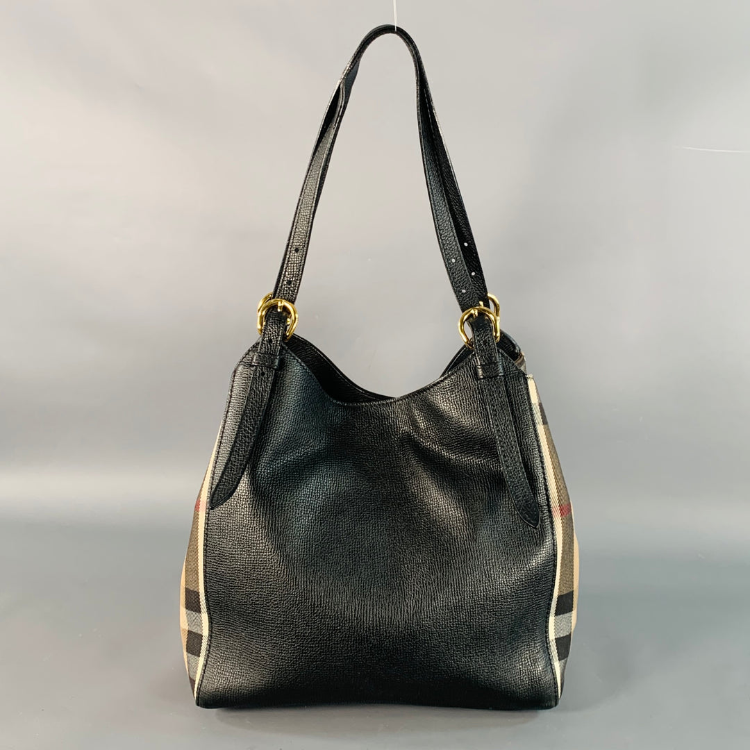 BURBERRY Small Canter Black Beige Plaid Pebble Grain Leather Canvas Handbag
