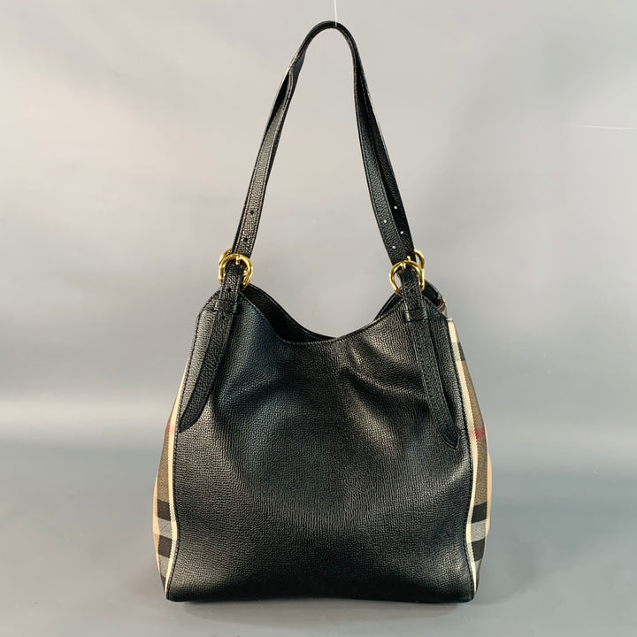 BURBERRY Small Canter Black Beige Plaid Pebble Grain Leather Canvas Handbag