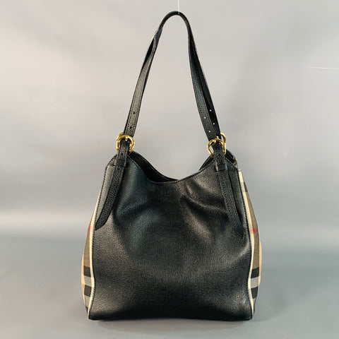 BURBERRY Small Canter Black Beige Plaid Pebble Grain Leather Canvas Handbag