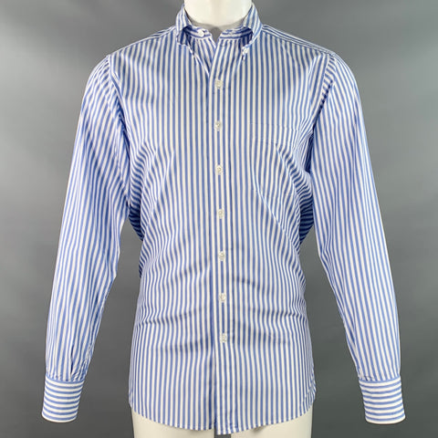 DRAKES LONDON Size M Blue White Stripe Cotton One Pocket Long Sleeve Shirt