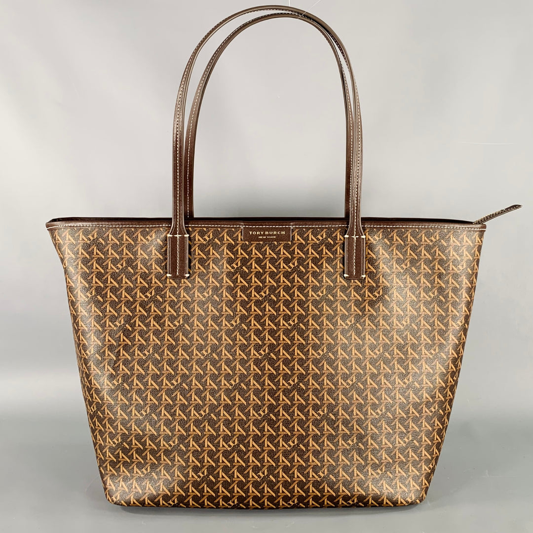 TORY BURCH Ever-Ready Brown Tan Monogram Coated Canvas Leather Tote Handbag