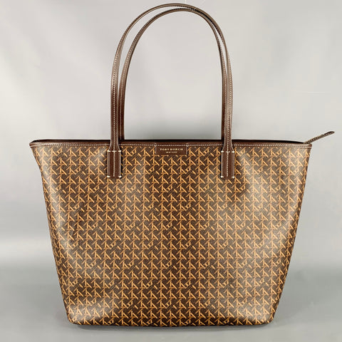 TORY BURCH Ever-Ready Brown Tan Monogram Coated Canvas Leather Tote Handbag
