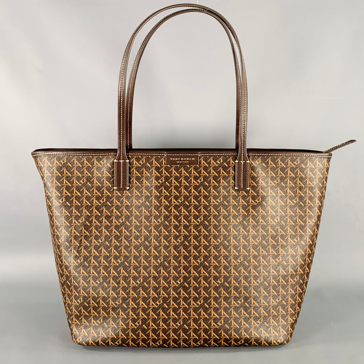TORY BURCH Ever-Ready Brown Tan Monogram Coated Canvas Leather Tote Handbag