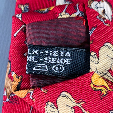 SALVATORE FERRAGAMO Red Orange Yellow Horses Silk Tie