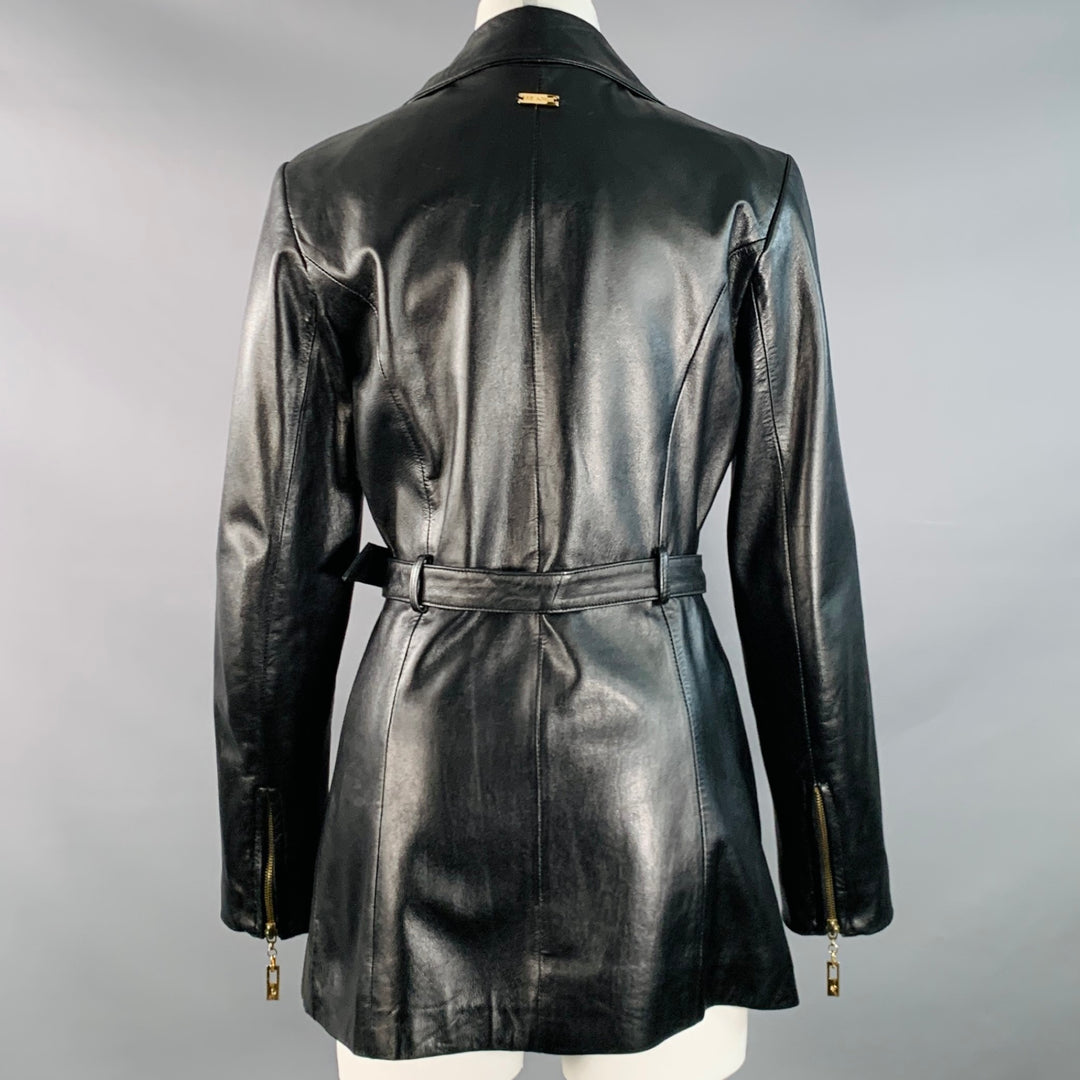 ST. JOHN Size S Black Gold Leather Belted Blazer Jacket