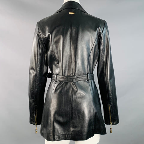 ST. JOHN Size S Black Gold Leather Belted Blazer Jacket