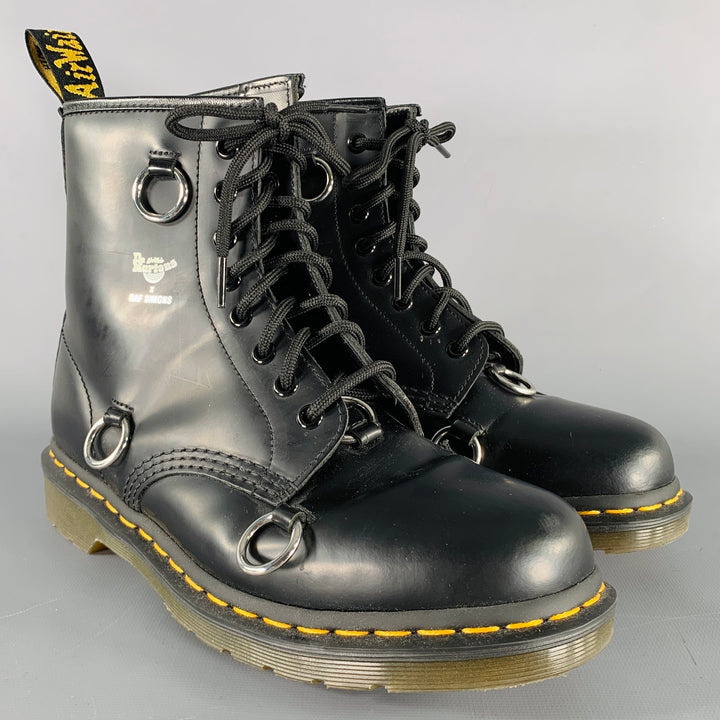 RAF SIMONS Size 9 Black Rings Leather Lace-Up Boots