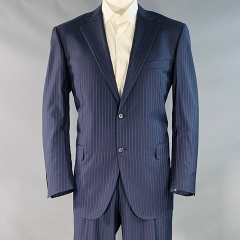 CANALI Size 48 Regular Navy Blue Pinstripe Virgin Wool Notch Lapel Suit