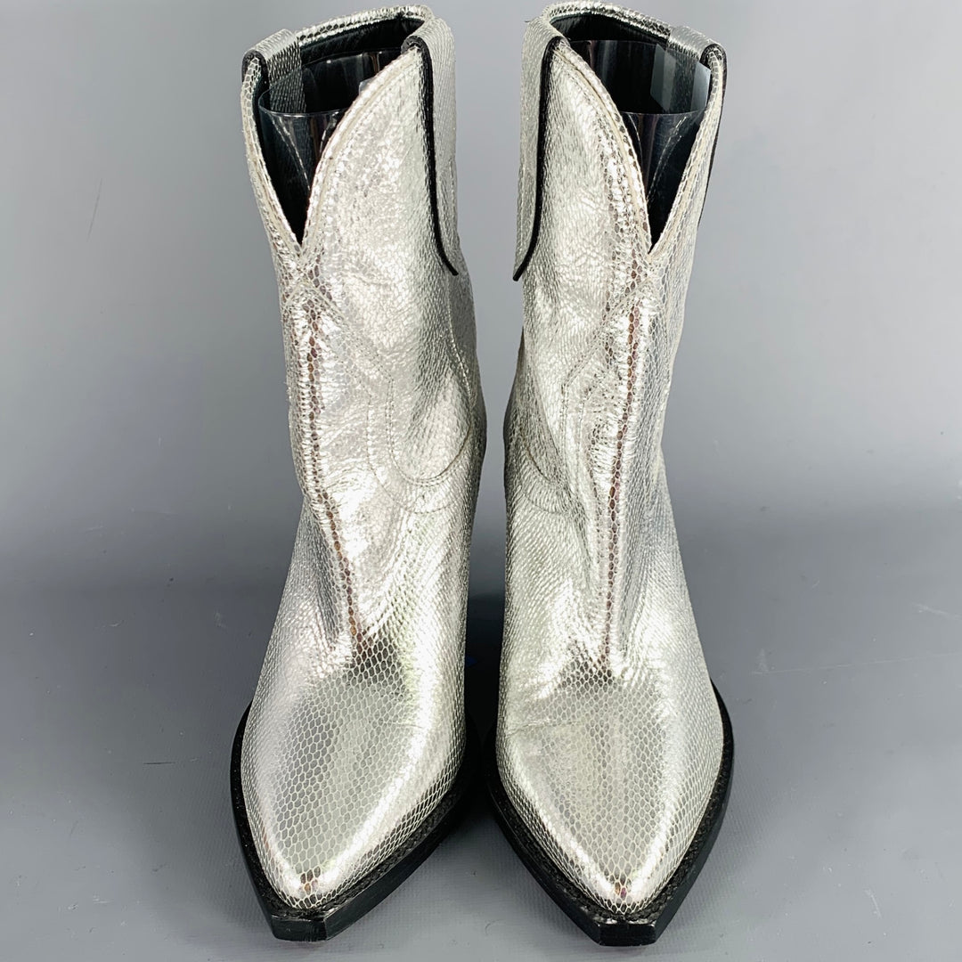 ISABEL MARANT Size 7 Silver Leather Textured Snake Embossed Leather Western Boots
