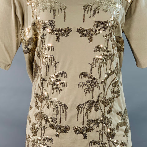 DRIES VAN NOTEN Size XS Gold Sage Cotton Sequined Palm Trees Short Sleeve Casual Top