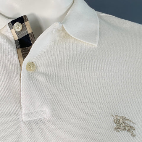 BURBERRY BRIT Size L White Embroidery Cotton Pique Contrast Trim Long Sleeve Polo
