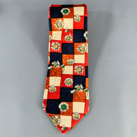 ERMENEGILDO ZEGNA Red Navy Cream Checkered Floral Silk Tie