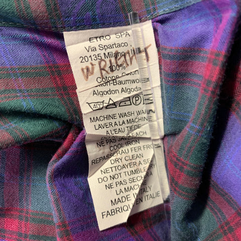 ETRO Size XL Purple Red Green Plaid Pointed Collar Long Sleeve Shirt
