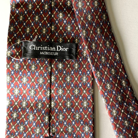 CHRISTIAN DIOR Burgundy Navy Cream Geometric Silk Tie