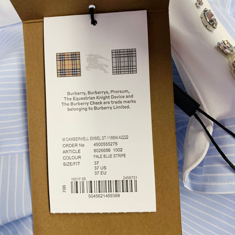 Chemise longue BURBERRY Taille S Rayures bleues et blanches Coton Embellissement en cristal Une poche Manches longues
