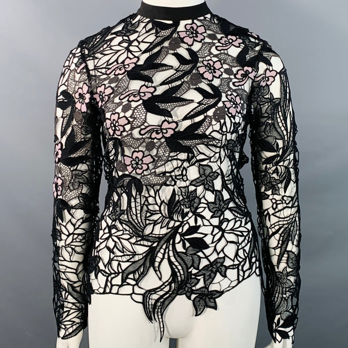 SELF-PORTRAIT Size 10 Black Pink Guipure Lace Floral See Through Dress Top