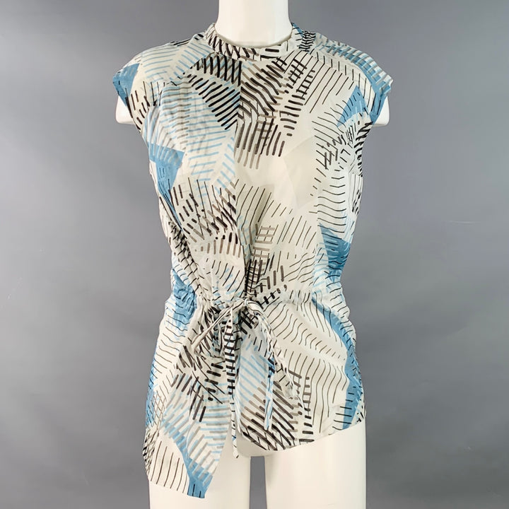 M.GRAY Size 6 White Blue Black Cotton Abstract Stripe Sleeveless Casual Top