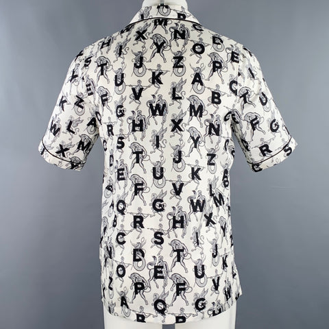 BURBERRY Size XS White Black Print Silk Camp Short Sleeve Shirt