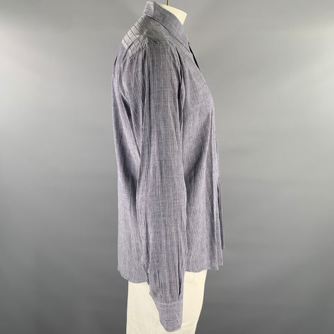 BRIONI Size L Navy Grey Stripe Linen Blend Pointed Collar Long Sleeve Shirt