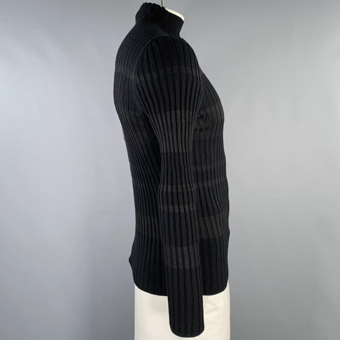 HERMES Size XXL Black Stripe Merino Wool Silk Ribbed Pullover