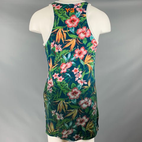 Y-3 Size S Green Blue Ombre Tropical Floral Print Cotton Long Tank Top
