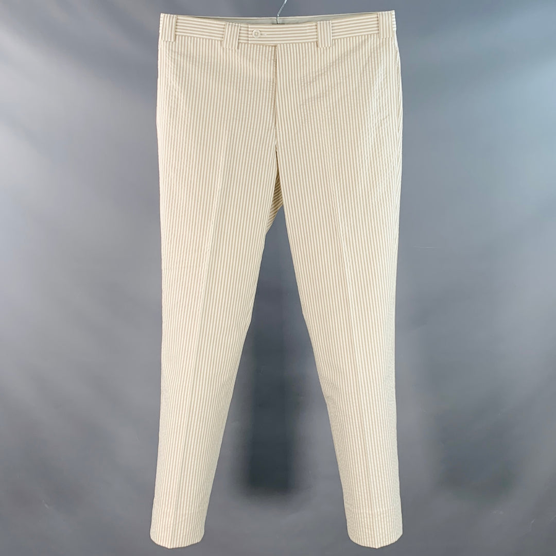 BLACK FLEECE Size 35 Beige White Stripe Cotton Seersucker Button Fly Casual Pants