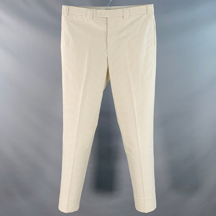 BLACK FLEECE Size 35 Beige White Stripe Cotton Seersucker Button Fly Casual Pants