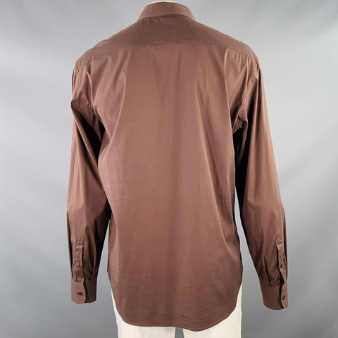 PRADA Size XL Brown Cotton Blend Spread Collar Long Sleeve Shirt