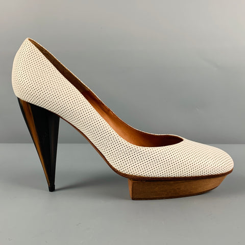 LANVIN Talla 11 Bombas de plataforma perforadas de cuero blanco marrón