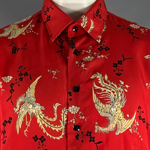 BILLIONAIRE COUTURE Size XL Red Black & Gold Print Silk Long Sleeve Shirt
