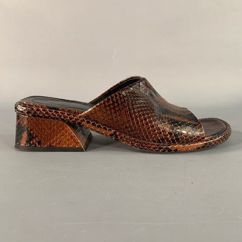 DRIES VAN NOTEN Size 8 Brown Black Snake Embossed Leather Open Toe Sandals