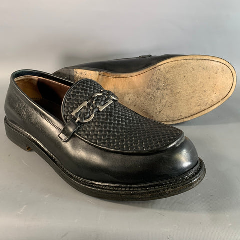 SALVATORE FERRAGAMO Size 12 Black Silver Woven Leather Penny Loafers