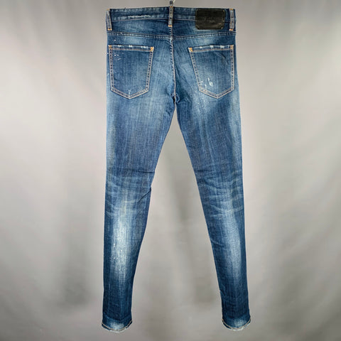 DSQUARED2 Jean slim à braguette boutonnée, bleu et blanc éclaboussé de peinture, taille 28