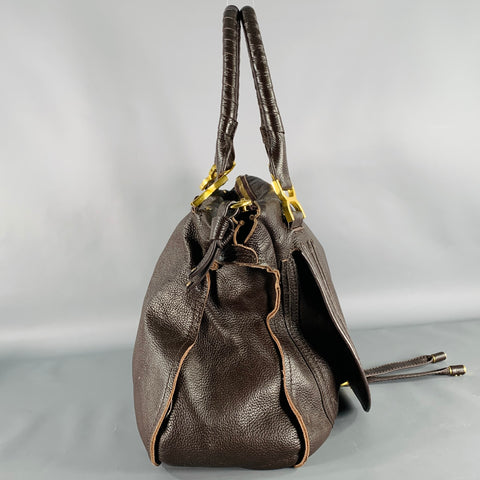 CHLOE Marcie Brown Gold Pebble Grain Leather Handbag