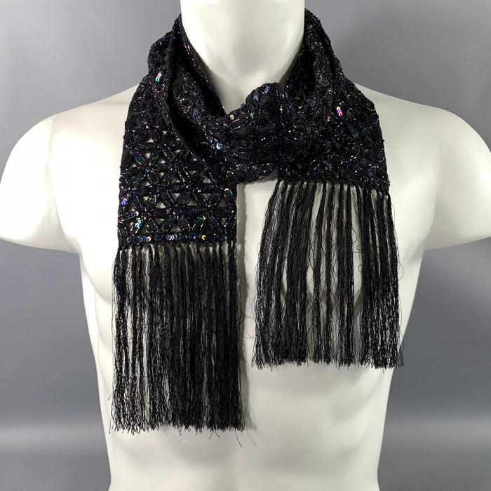 DRIES VAN NOTEN Black Purple Iridescent Silk Sequined Scarves