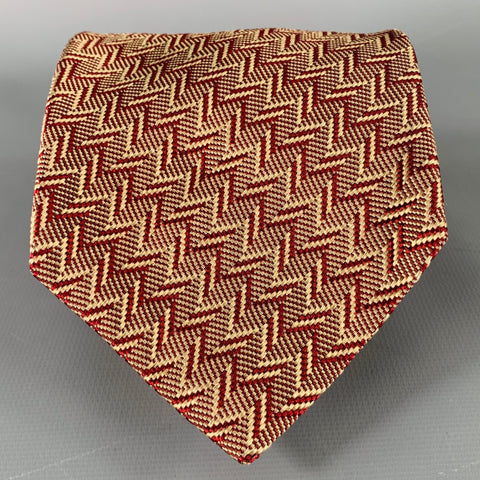 DONNA KARAN Burgundy Beige Zig Zag Silk Tie