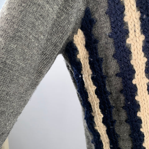 DRIES VAN NOTEN Taille XL Pull col V en laine rayé gris marine crème