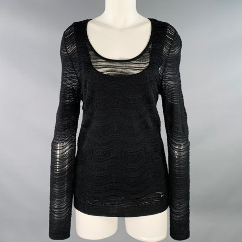 ESCADA Taille M Pull en mélange de laine noire à rayures texturées et col rond