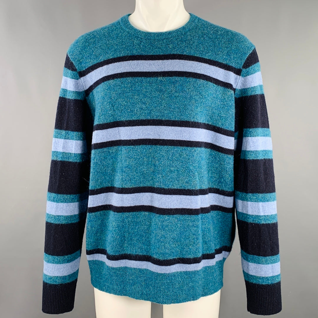 TODD SNYDER Size XL Blue Light Blue Stripe Wool Blend Crew Neck Sweater