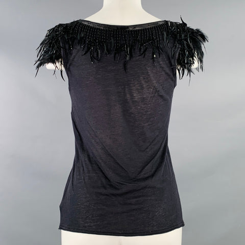VINTAGE Size S Black Cotton Blend Beaded Feathers Tank Casual Top