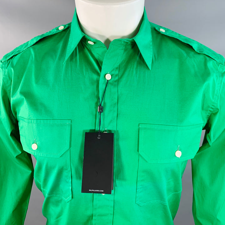 RALPH LAUREN Size S Green Cotton Blend Epaulets Long Sleeve Shirt